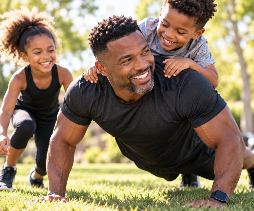 Father doing push-ups outdoors with his kids