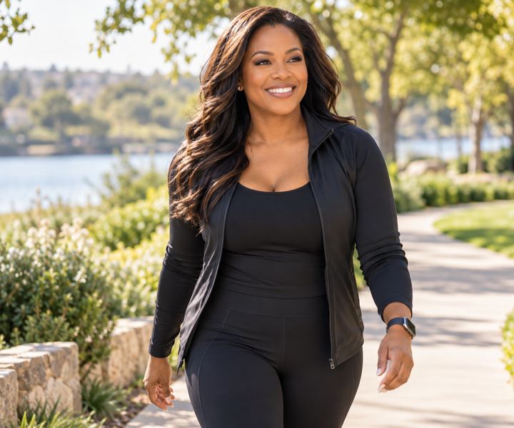 Woman smiling on an outdoor walk