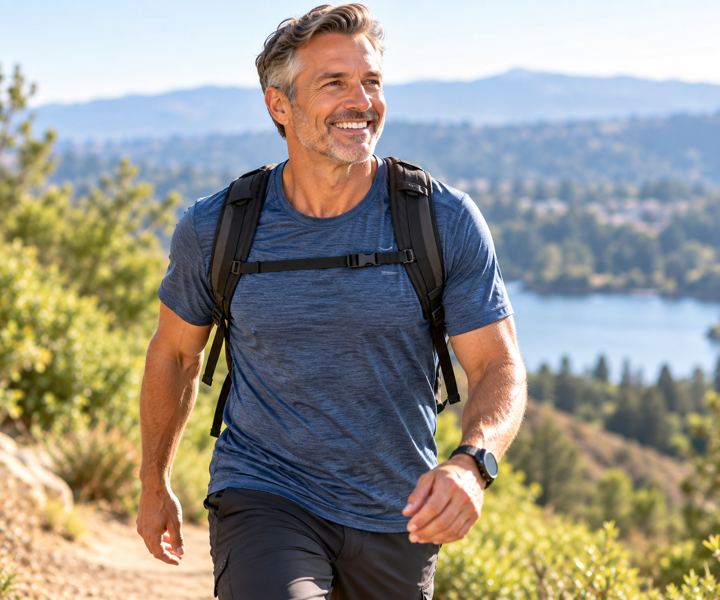 Man smiling while hiking a trail