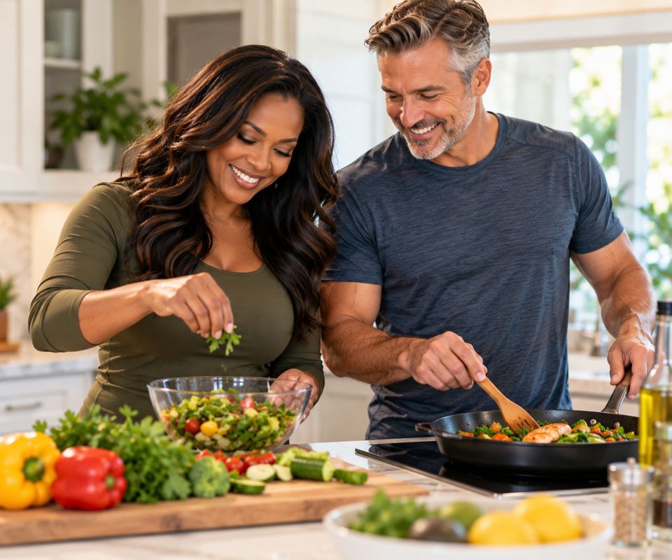 Couple cooking a healthy meal together at home